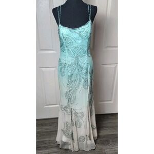 Vintage Cache Maxi Dress 12‎ 100% Pure Silk Beaded Ombre Backless Long Prom Gown